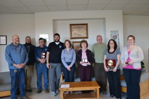 L-R Artie Mahar(5 yrs.), Rob Gordon(5 yrs.), Bob Merrill (35 yrs.), Chris Woodside (5 yrs.), Cindy Moholland (15 yrs.), Dora Adams(10 yrs.), Allan Sutherland (35 yrs.), Linda Winchester (35 yrs.), Ashley Macdonald (5 yrs.). Missing from picture Tom Moholland (10 yrs.), Will Dupuis (40 years)