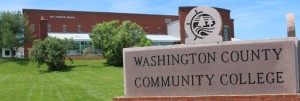 Streetview of St Croix Hall and the Washington County Community College sign.